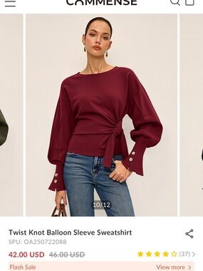 NWT Commense Twist Knot Balloon Sleeve Sweatshirt - Wine